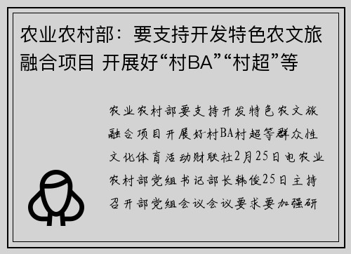 农业农村部：要支持开发特色农文旅融合项目 开展好“村BA”“村超”等群众性文化体育活动