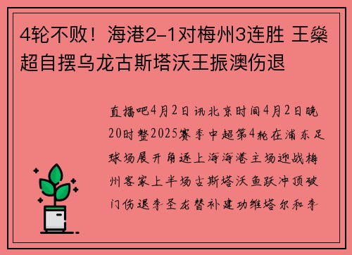 4轮不败！海港2-1对梅州3连胜 王燊超自摆乌龙古斯塔沃王振澳伤退