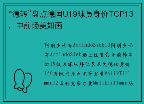 “德转”盘点德国U19球员身价TOP13，中前场美如画