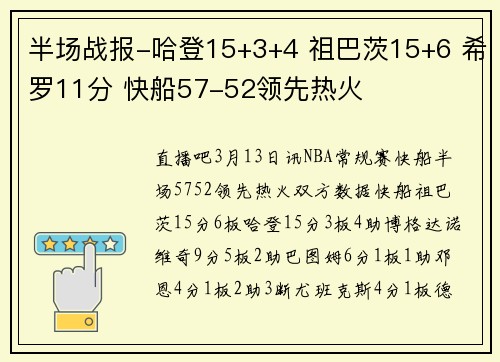 半场战报-哈登15+3+4 祖巴茨15+6 希罗11分 快船57-52领先热火