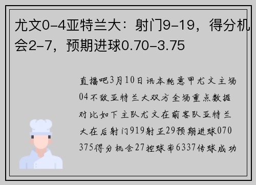 尤文0-4亚特兰大：射门9-19，得分机会2-7，预期进球0.70-3.75
